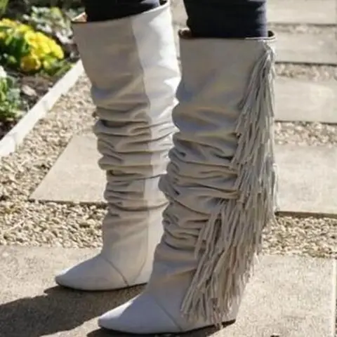 Fashion White Knee High Boots Fringe Wedge Height Increaing Winter Women Boots Top Brand Round Toe Female Motorcycle Tassel Boot