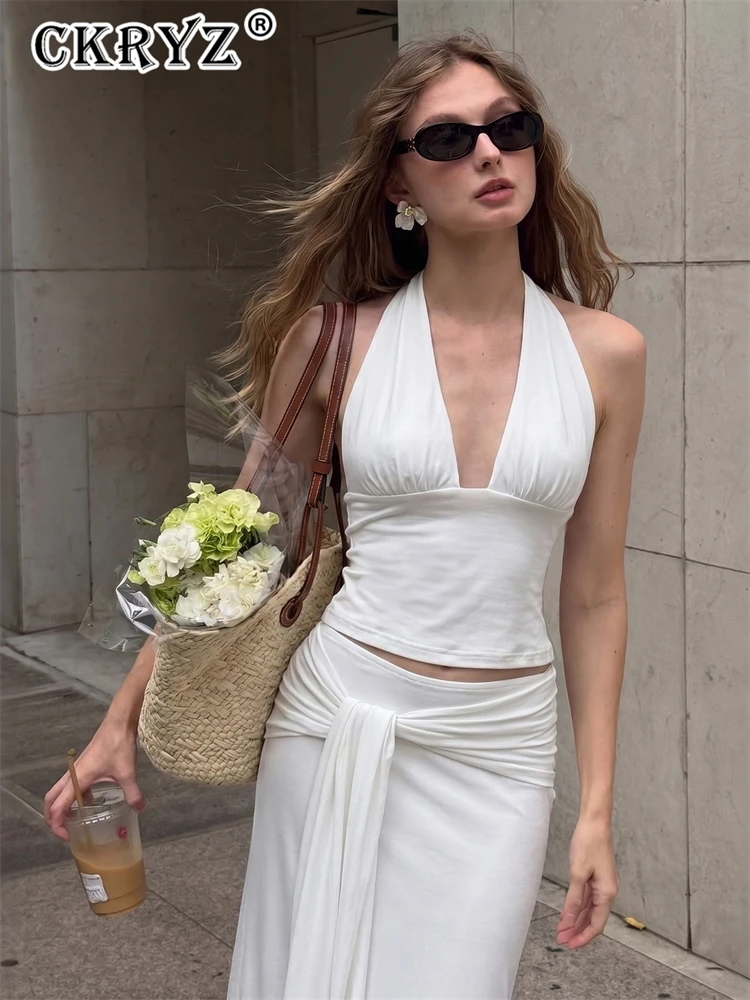 Ladies Summer 2 Piece Skirt Set Sleeveless Backless Halter V-Neck Top Long Skirts Matching Sets Women Vacation Streetwear Outfit
Ladies Summer 2 Piece Skirt Set Sleeveless Backless Halter V-Neck Top Long Skirts Matching Sets Women Vacation Streetwear Outfit