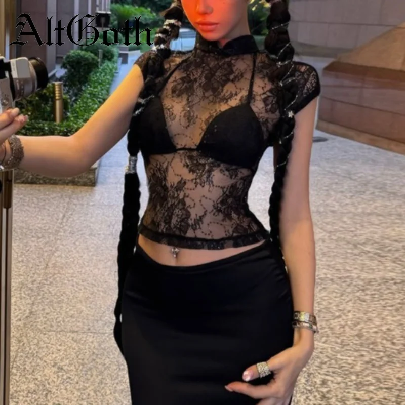 AltGoth Mall Goth Lace T-shirt Women Vintage Streetwear Aesthetic See Through Short Sleeve Crop Tee Tops Emo Alt Indie Clothes
AltGoth Mall Goth Lace T-shirt Women Vintage Streetwear Aesthetic See Through Short Sleeve Crop Tee Tops Emo Alt Indie Clothes