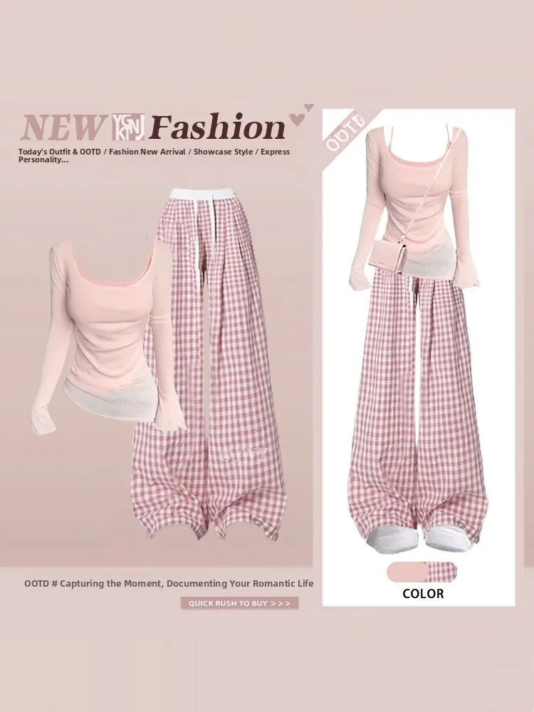 Dopamine Sweet Style Long Sleeve T-Shirt Women Summer Gentle Casual Plaid Wide Leg Pants Two Piece Set round Neck Fashion Set
Dopamine Sweet Style Long Sleeve T-Shirt Women Summer Gentle Casual Plaid Wide Leg Pants Two Piece Set round Neck Fashion Set