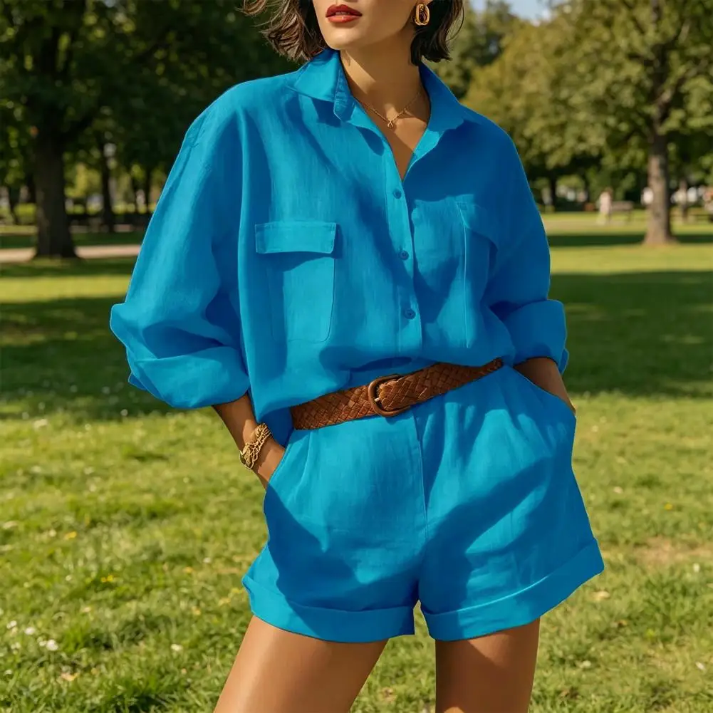 Women Summer 2 Piece Outfits Long Sleeve Button Down Shirts And Shorts Set Solid Color Vacation Sets
Women Summer 2 Piece Outfits Long Sleeve Button Down Shirts And Shorts Set Solid Color Vacation Sets
