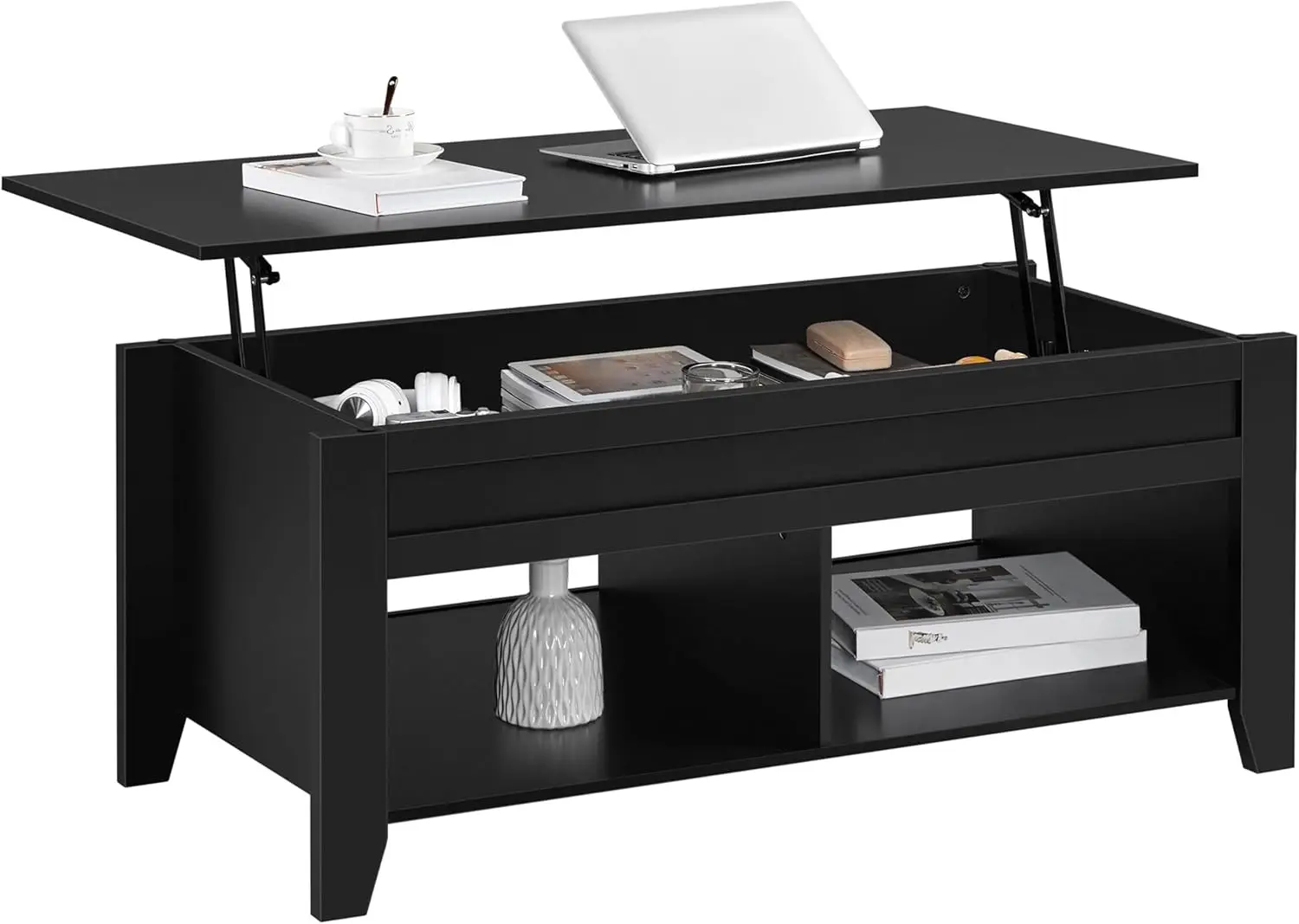 Lift Top Coffee Table with Hidden Storage and 2 Open Shelves, Black Wood, 39.5 Inches Long, for Living Room, Reception Room, Office
Lift Top Coffee Table with Hidden Storage and 2 Open Shelves, Black Wood, 39.5 Inches Long, for Living Room, Reception Room, Office