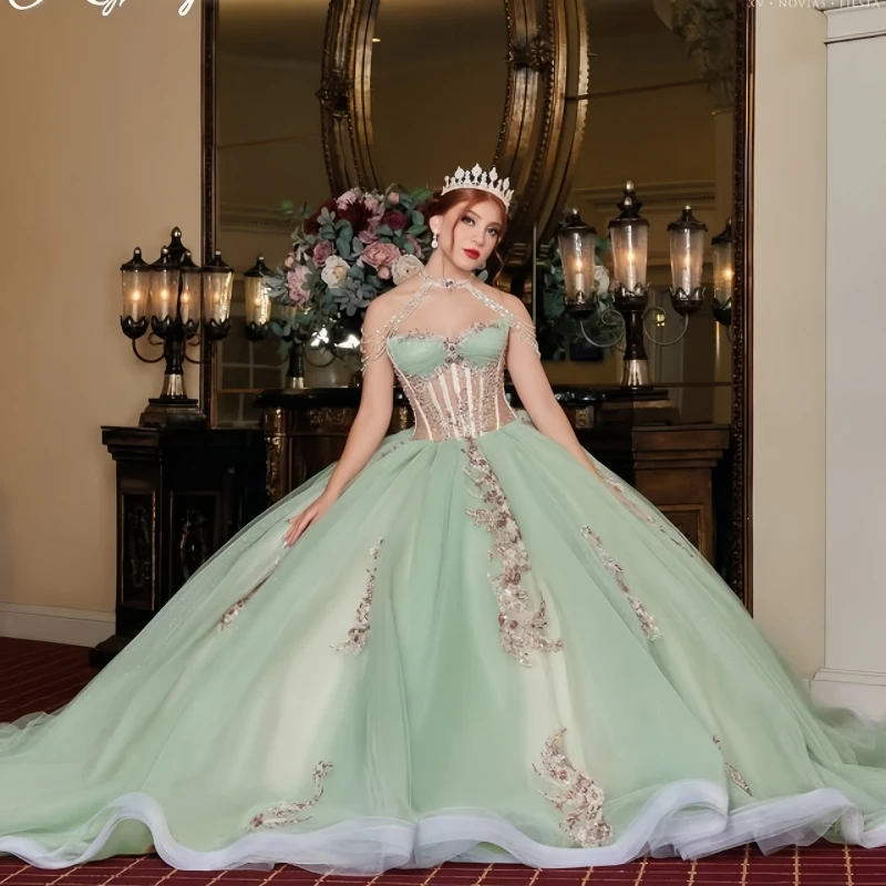 Мятно-зеленое платье Quinceanera с открытыми плечами по индивидуальному заказу, кружевное тюлевое платье с 3D цветочным бантом, платья de 15, Quinceanera
Мятно-зеленое платье Quinceanera с открытыми плечами по индивидуальному заказу, кружевное тюлевое платье с 3D цветочным бантом, платья de 15, Quinceanera 
