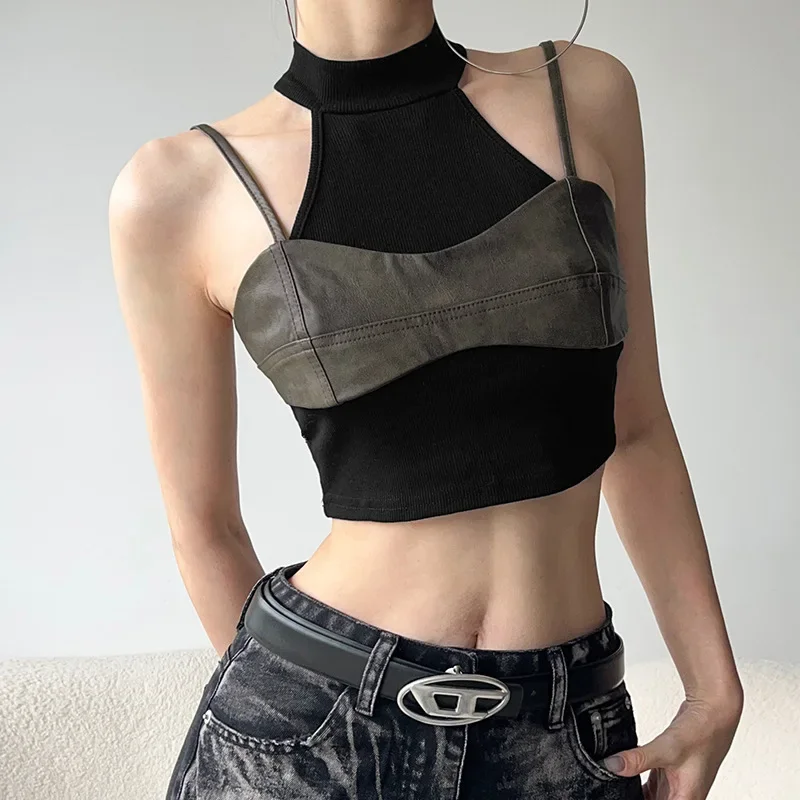 2025 New Vintage Dark Cyber Y2K Faux Pu Leather Patchwork Crop Tops Women Streetwear Gothic Tank Top Grunge Trim High Neck Vests
2025 New Vintage Dark Cyber Y2K Faux Pu Leather Patchwork Crop Tops Women Streetwear Gothic Tank Top Grunge Trim High Neck Vests