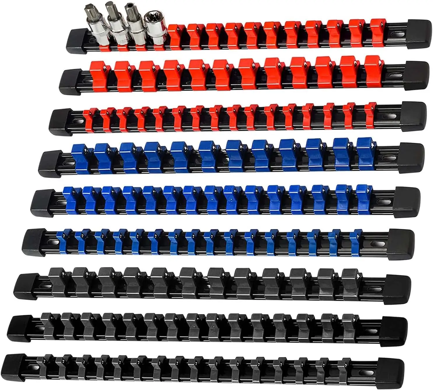 9-Piece Socket Organizer Set, 1/2, 3/8, 1/4 Inch Drive ABS Socket Holder with Removable Clips for Easy Tool Storage
9-Piece Socket Organizer Set, 1/2, 3/8, 1/4 Inch Drive ABS Socket Holder with Removable Clips for Easy Tool Storage