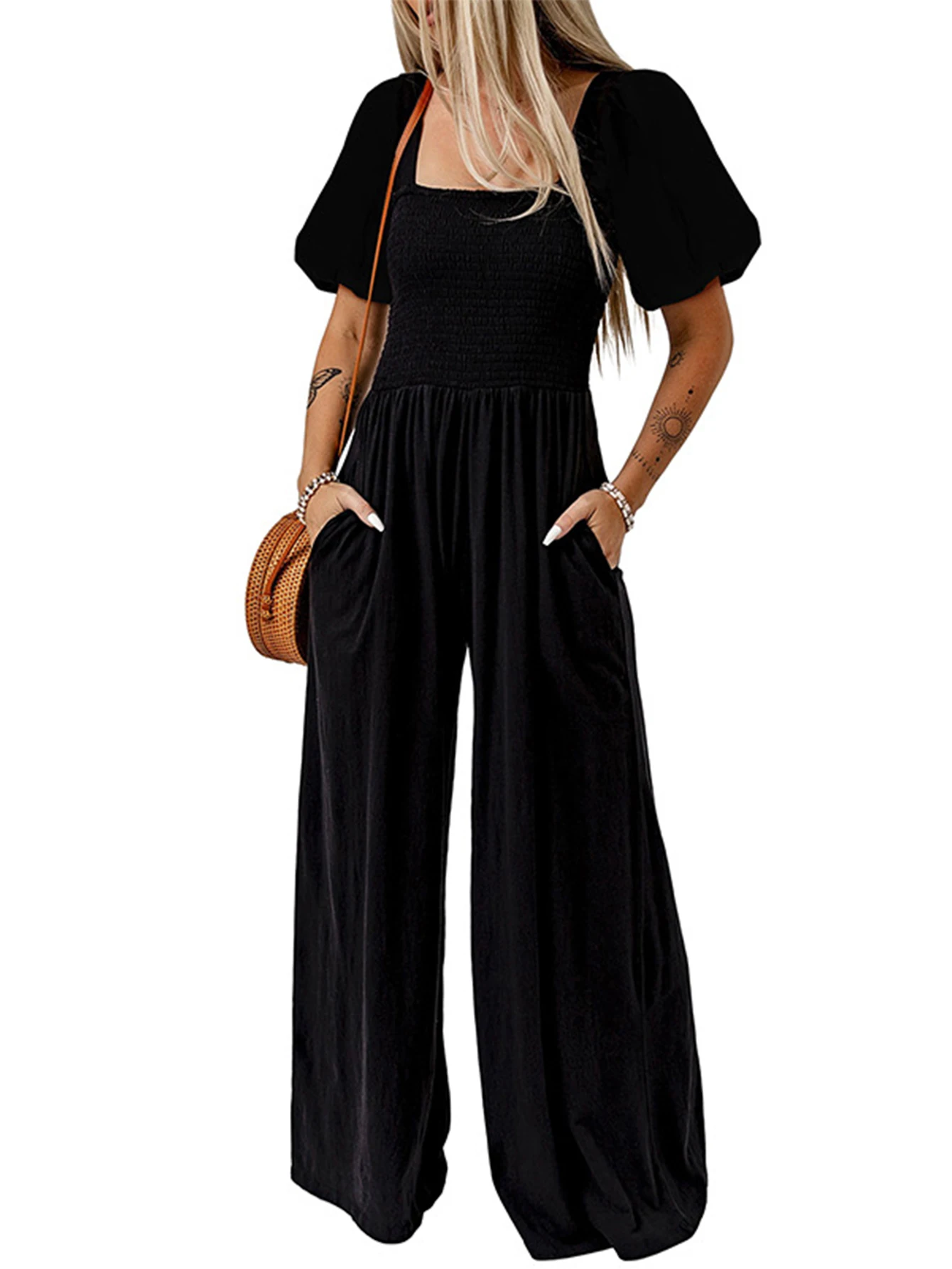 Summer Women's Romper with Pockets Tying Design Bubble Sleeve Wide Leg Pants Cool Commuting Casual Suitable for Outdoor
Summer Women's Romper with Pockets Tying Design Bubble Sleeve Wide Leg Pants Cool Commuting Casual Suitable for Outdoor