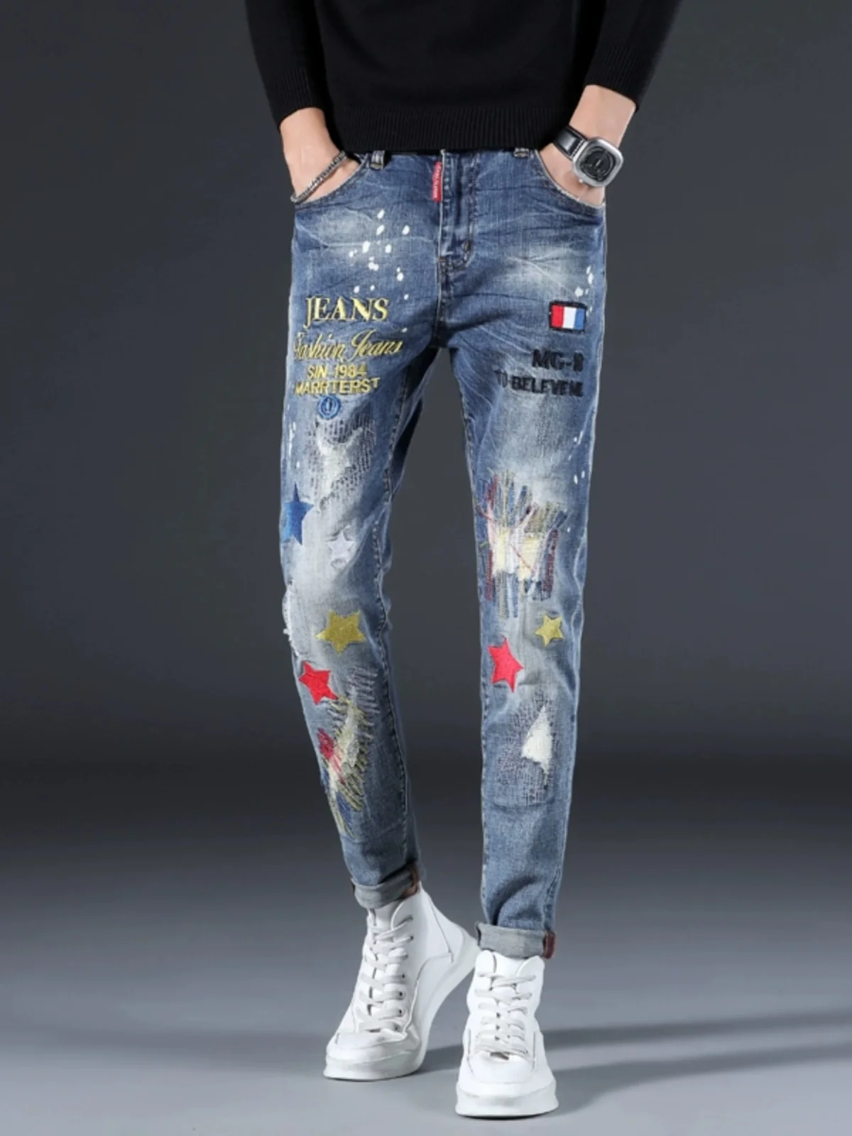 Ripped Denim Jeans Men's Slim Fit Embroidered Print Korean Version Patch Trendy Poor Man's Pants Cotton Elastic Jeans
Ripped Denim Jeans Men's Slim Fit Embroidered Print Korean Version Patch Trendy Poor Man's Pants Cotton Elastic Jeans