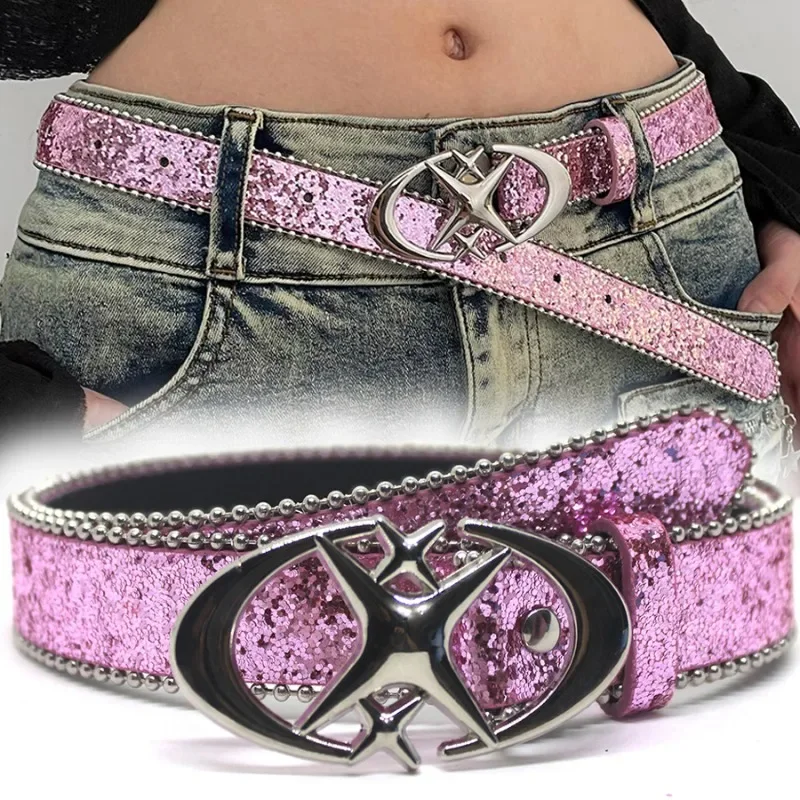 Fashion Spicy Girl Gilttery Pink Belt Metal Punk Moon Star Buckle Waistband Women Y2K Sequins PU Leather Belts Jeans Decoration
Fashion Spicy Girl Gilttery Pink Belt Metal Punk Moon Star Buckle Waistband Women Y2K Sequins PU Leather Belts Jeans Decoration