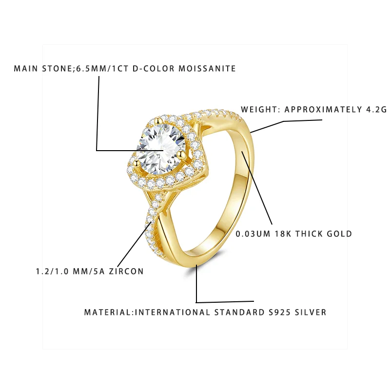 1CT D-Color 6.5mm Heart Moissanite Ring S925 Silver 18K Gold Plated 5A Zircon Engagement Wedding Jewelry for Women
1CT D-Color 6.5mm Heart Moissanite Ring S925 Silver 18K Gold Plated 5A Zircon Engagement Wedding Jewelry for Women