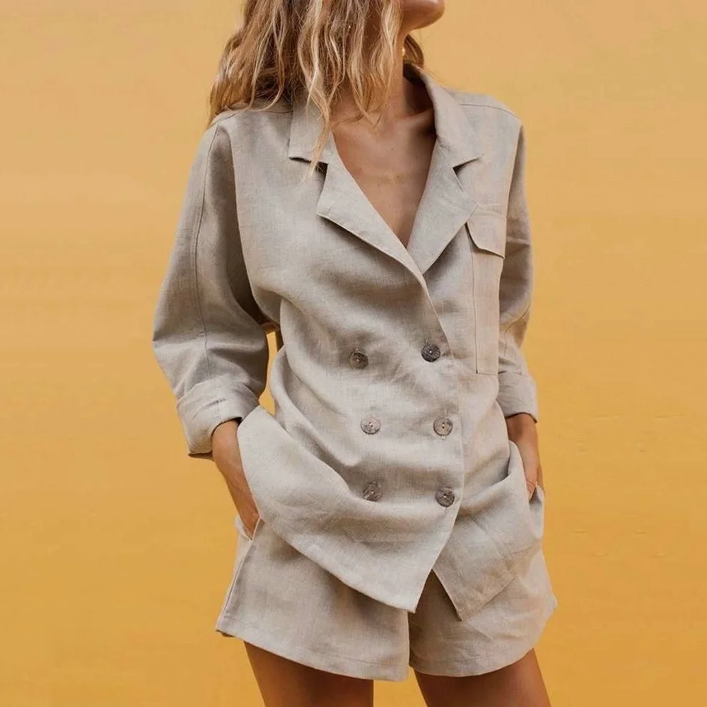 Summer Fashion New Double Breasted Female Linen Suit 2 Pieces Jacket Shorts Smart Casual Women's Suits Conjuntos Femininos
Summer Fashion New Double Breasted Female Linen Suit 2 Pieces Jacket Shorts Smart Casual Women's Suits Conjuntos Femininos