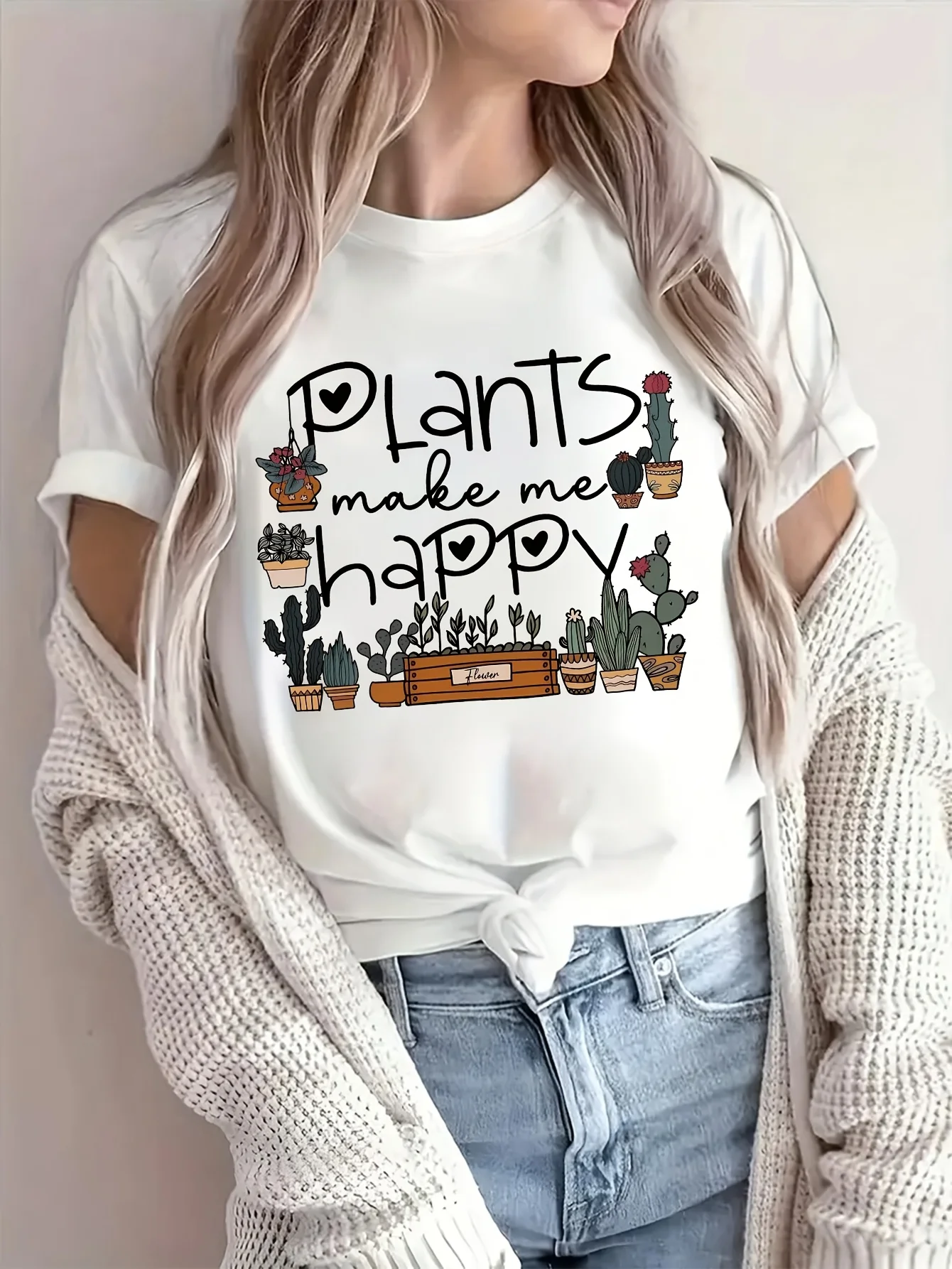 Women's Graphic T-Shirt"PLANTS MAKE ME HAPPY" Short Sleeve Round Neck with Cactus Succulent Print Fashion Casual Summer Top
Women's Graphic T-Shirt"PLANTS MAKE ME HAPPY" Short Sleeve Round Neck with Cactus Succulent Print Fashion Casual Summer Top