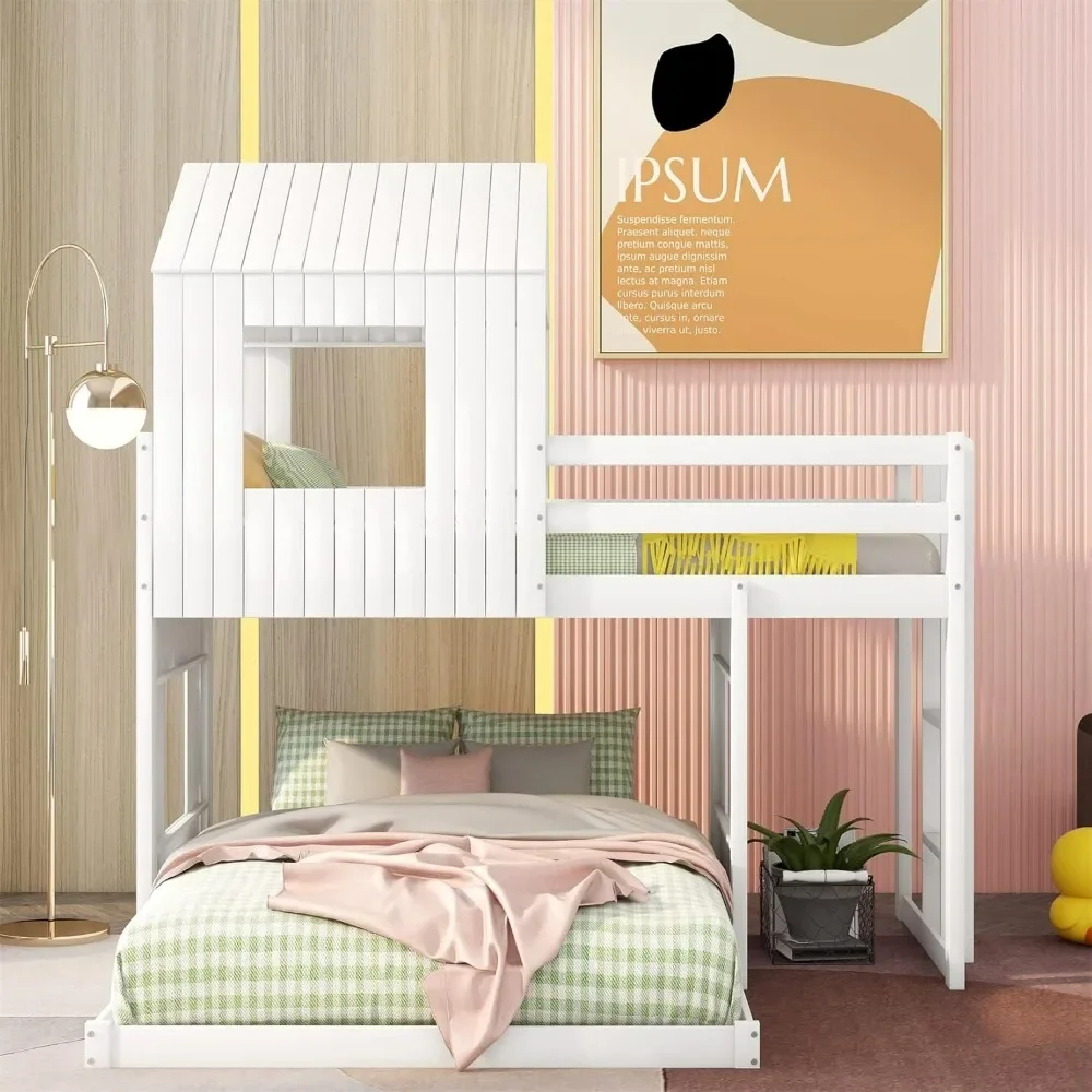 House Bunk Beds, Twin Over Full Bunk Bed Wood Playhouse Bunkbed Low Bed Frame for Kids Toddlers Girls/Boys, White
House Bunk Beds, Twin Over Full Bunk Bed Wood Playhouse Bunkbed Low Bed Frame for Kids Toddlers Girls/Boys, White