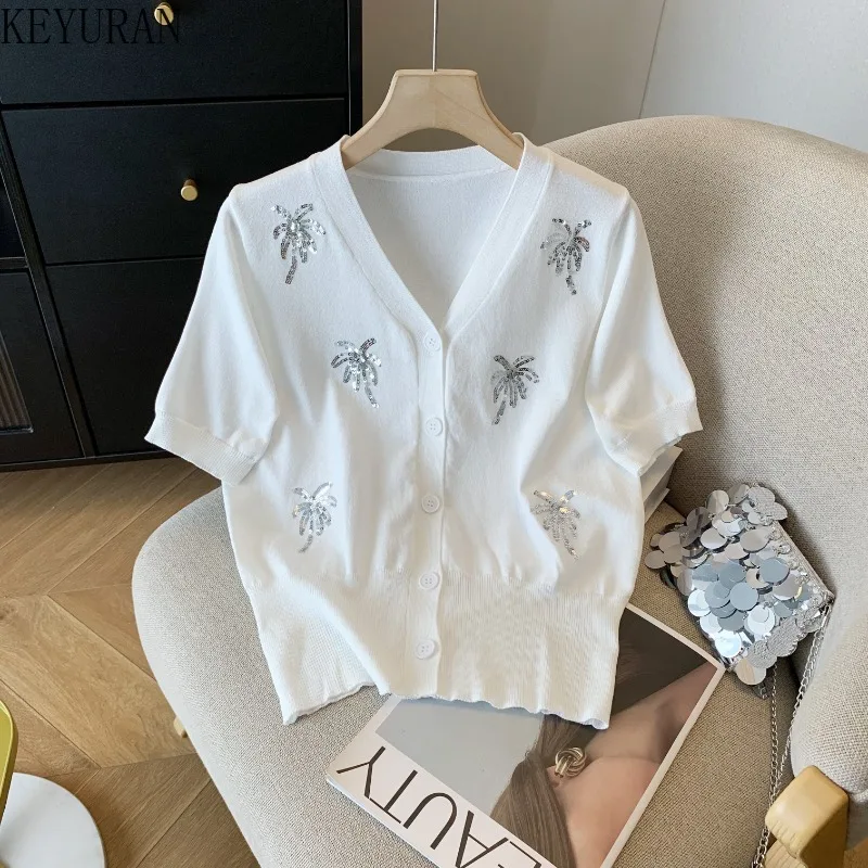 2024 Summer Sequin Ice Silk Knit Cardigan Women Korean Casual Versatile V-neck Short Sleeved Sweater T-shirt Loose Knitwear Tops
2024 Summer Sequin Ice Silk Knit Cardigan Women Korean Casual Versatile V-neck Short Sleeved Sweater T-shirt Loose Knitwear Tops