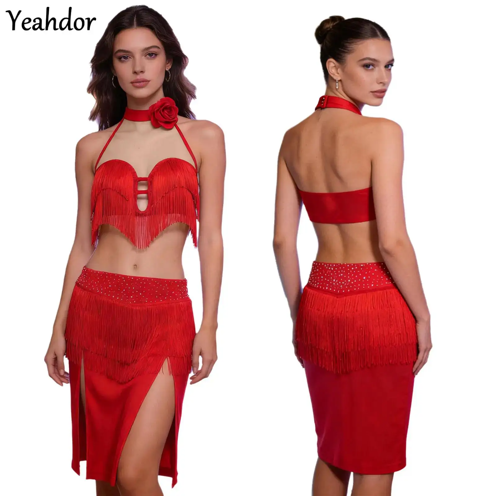 Womens Latin Dance Outfit 3D Flower Applique Tassel Backless Halter Top with Slit Briefs Miniskirt Belly Chacha Salsa Costume
Womens Latin Dance Outfit 3D Flower Applique Tassel Backless Halter Top with Slit Briefs Miniskirt Belly Chacha Salsa Costume