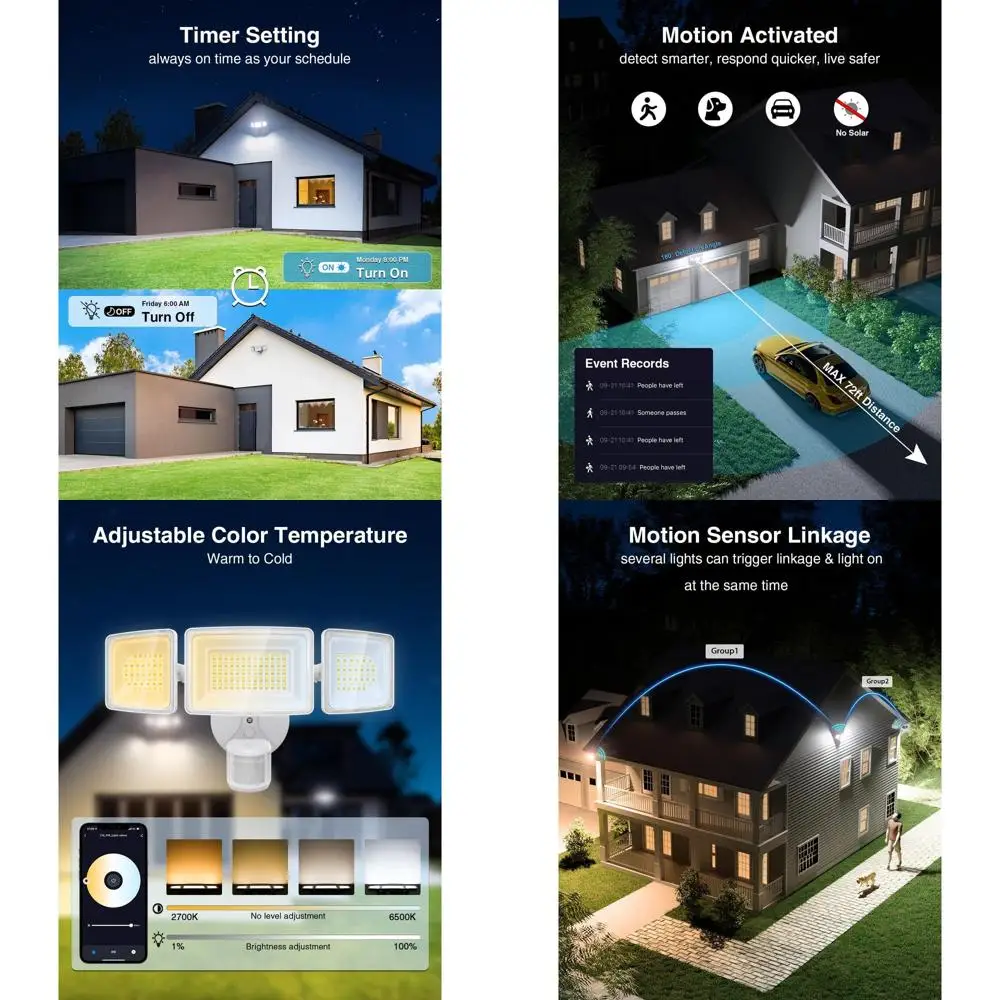Умный светодиодный светильник безопасности 100 Вт, 9000 лм с датчиком движения, совместимый с Alexa, регулируемая цветовая температура 3000K-6500K, класс защиты IP65 для наружного использования
Умный светодиодный светильник безопасности 100 Вт, 9000 лм с датчиком движения, совместимый с Alexa, регулируемая цветовая температура 3000K-6500K, класс защиты IP65 для наружного использования