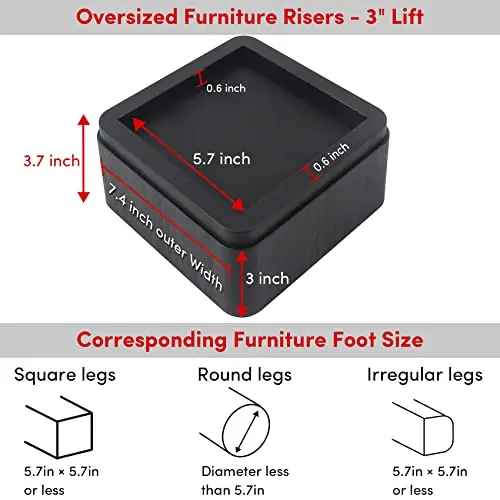 Heavy Duty 3 Inch Oversized Furniture Risers 4 Pack For Beds Sofas Desks Supports Up To 11000 Lbs Black Square Design
Heavy Duty 3 Inch Oversized Furniture Risers 4 Pack For Beds Sofas Desks Supports Up To 11000 Lbs Black Square Design