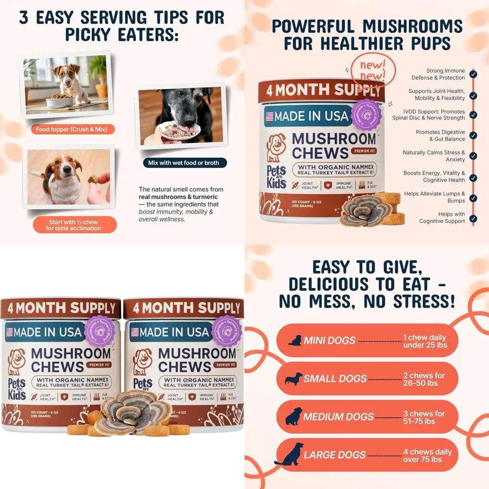 Экстракт гриба Turkey Tail в форме жевательных таблеток для собак: поддержка иммунитета, здоровья кишечника, кожи, суставов и позвоночника - 120 штук.
Экстракт гриба Turkey Tail в форме жевательных таблеток для собак: поддержка иммунитета, здоровья кишечника, кожи, суставов и позвоночника - 120 штук.