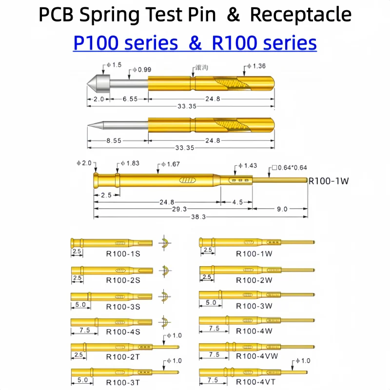 P100 Series Nickel Plated Brass Spring Test Probe Test Pin Pogo Pin Electric Detection Needle PCB Test Tool P100-B P100-B1 R100