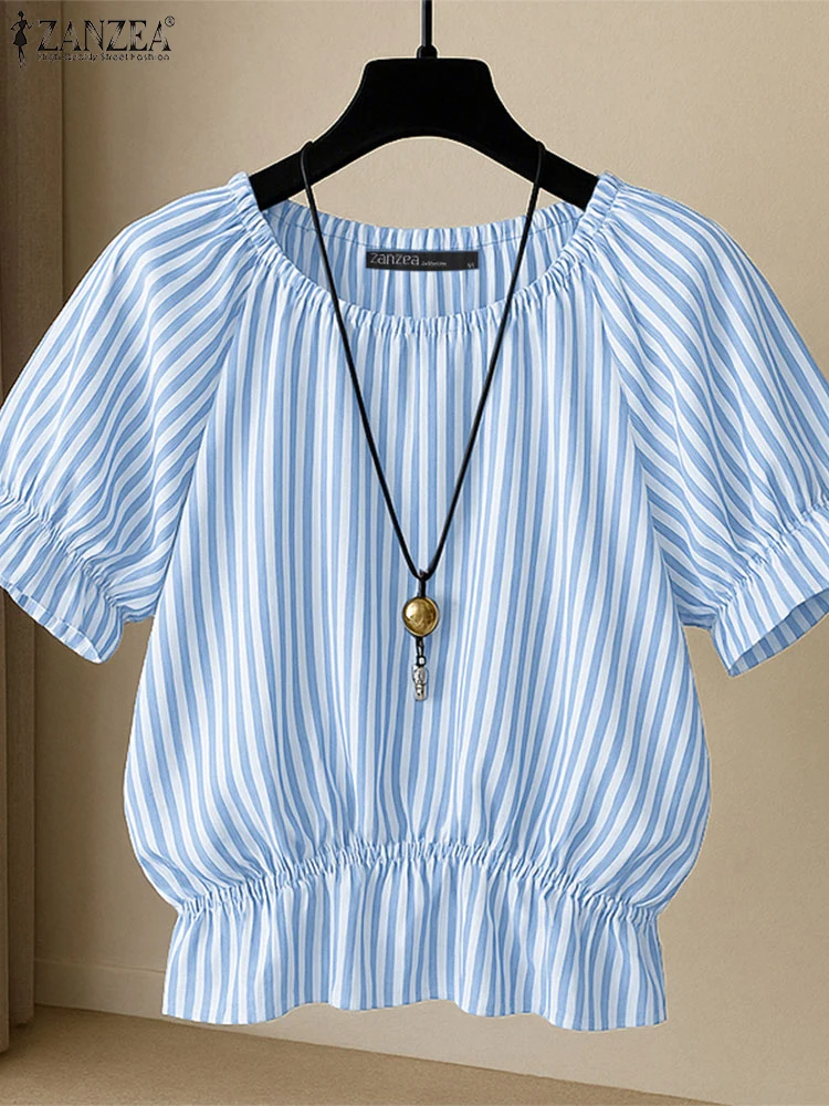 ZANZEA Women Fashion Blusas Mujer 2025 Summer O-Neck Casual Striped Blouses Ruffled Hem Short Puff Sleeve Korean Style Smock Top
ZANZEA Women Fashion Blusas Mujer 2025 Summer O-Neck Casual Striped Blouses Ruffled Hem Short Puff Sleeve Korean Style Smock Top