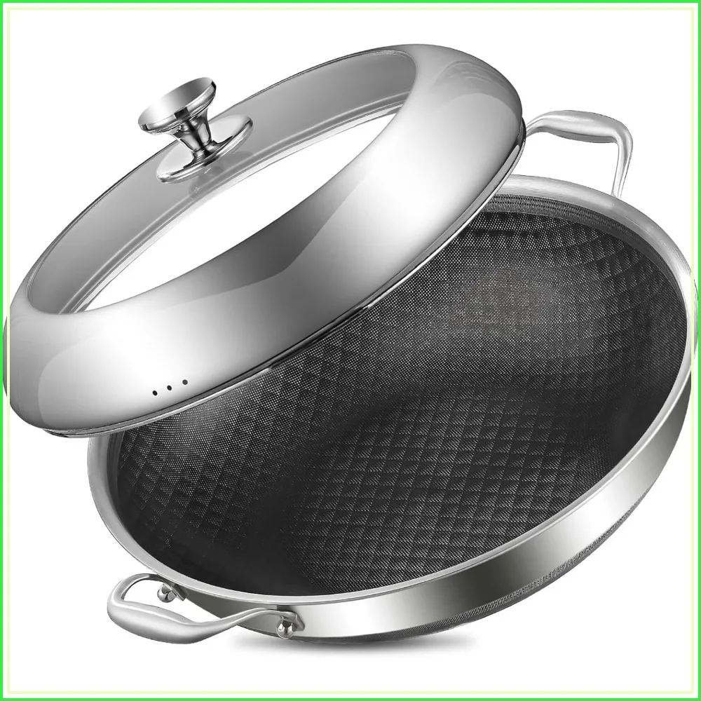 14 Inch Tri-Ply Stainless Steel Wok Pan with Lid, Nonstick 6QT Deep Frying Pan, Induction Saute Pan, Dishwasher & Oven Safe
14 Inch Tri-Ply Stainless Steel Wok Pan with Lid, Nonstick 6QT Deep Frying Pan, Induction Saute Pan, Dishwasher & Oven Safe