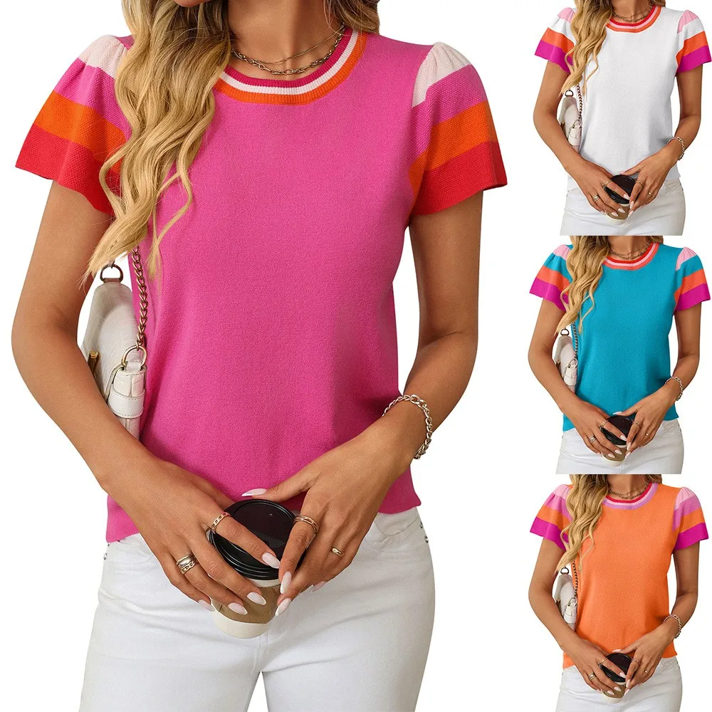 Women's Knit Top Round Neck Cap Sleeve Striped Trim Turquoise Sweater with White Base Solid Body Regular Length Blouse for Woman
Women's Knit Top Round Neck Cap Sleeve Striped Trim Turquoise Sweater with White Base Solid Body Regular Length Blouse for Woman
