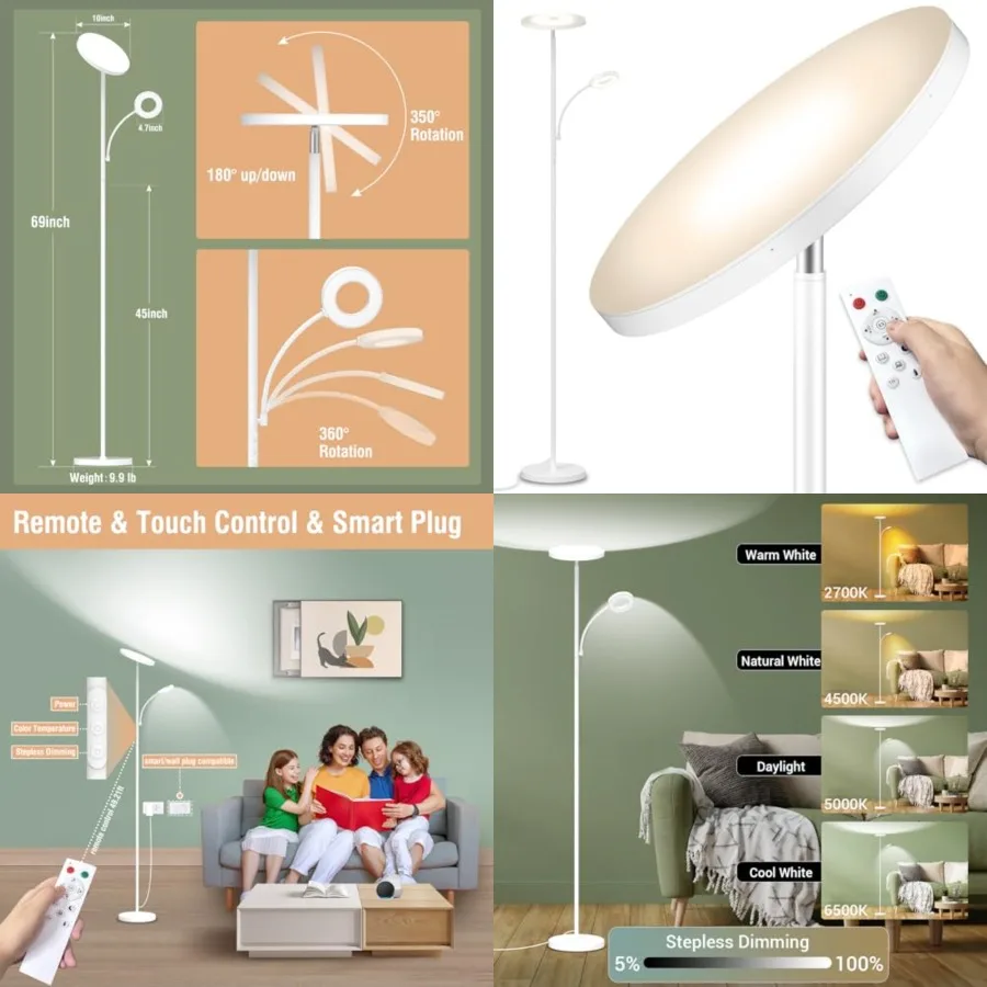 White Floor Lamp, 42W 4000LM Super Bright LED Room Lamp with Adjustable Reading Light, Dimmable Modern Standing Lamp with Remot
White Floor Lamp, 42W 4000LM Super Bright LED Room Lamp with Adjustable Reading Light, Dimmable Modern Standing Lamp with Remot