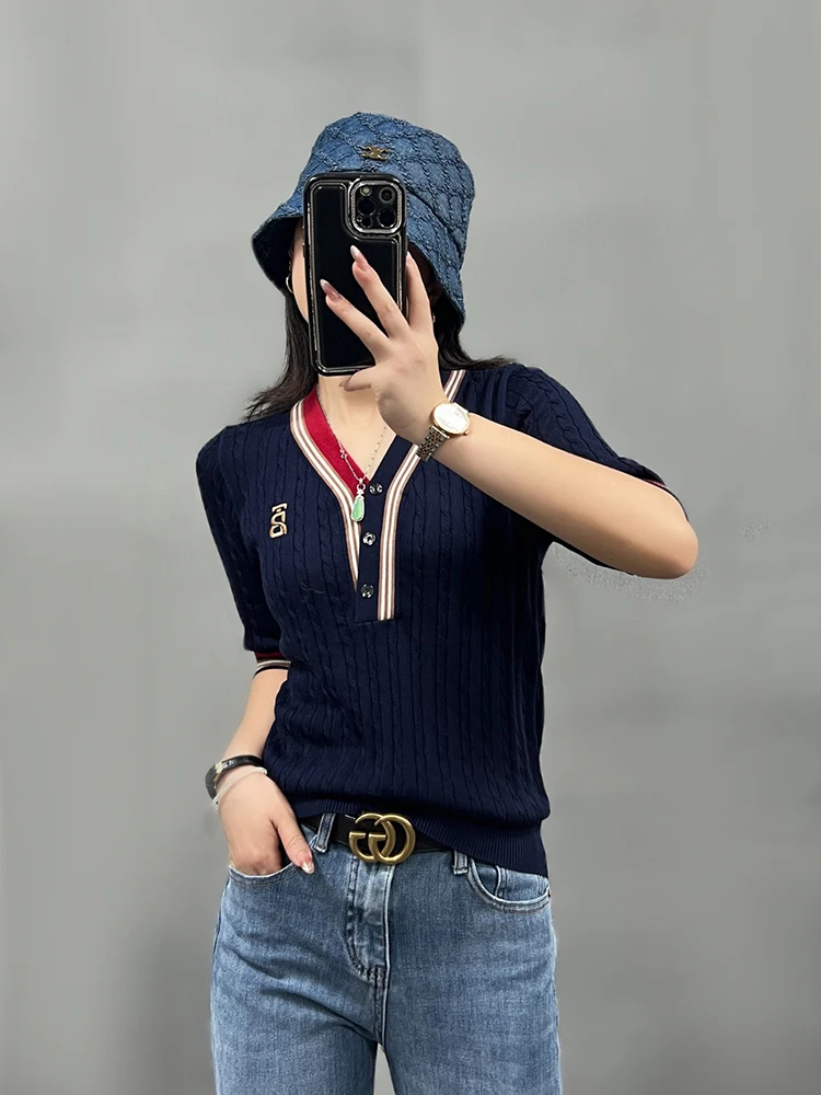 Summer New Style British Style Slim Fit V-Neck Pure Color Short Sleeve Knitted T-Shirt Casual Simple Commute Fashion Ladies' Top
Summer New Style British Style Slim Fit V-Neck Pure Color Short Sleeve Knitted T-Shirt Casual Simple Commute Fashion Ladies' Top
