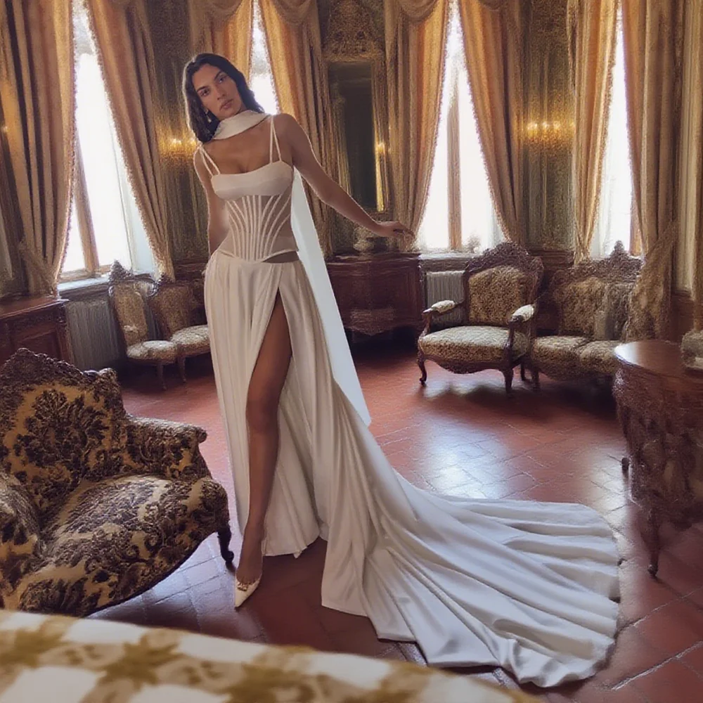 Customized Scoop Neck Sheath Satin Wedding Dress with Spaghetti Straps Ties Back Floor Length High Slit Sweep Train for Bride
Customized Scoop Neck Sheath Satin Wedding Dress with Spaghetti Straps Ties Back Floor Length High Slit Sweep Train for Bride