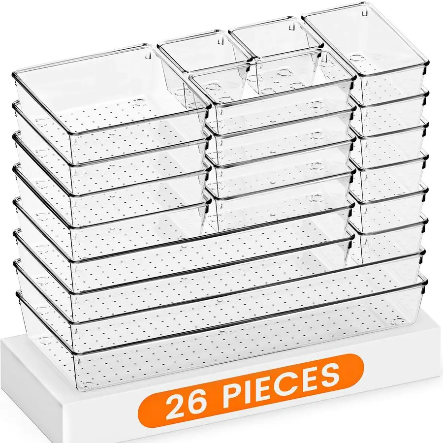 Drawer Organizer, 26 Pack Clear Plastic Drawer Organizer Bins, Versatile Organization and Storage Trays for Kitchen, Bathroom,
Drawer Organizer, 26 Pack Clear Plastic Drawer Organizer Bins, Versatile Organization and Storage Trays for Kitchen, Bathroom,