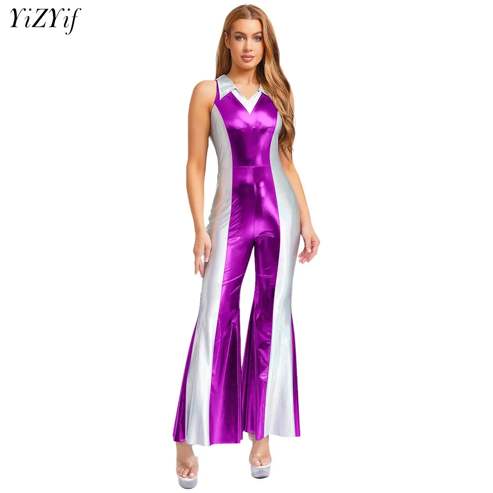 Women 70s Disco Hippie Bodysuit Metallic Shiny Lapel V Neck Sleeveless Bell Bottom Rompers Carnival Party Dancing Prom Costume
Women 70s Disco Hippie Bodysuit Metallic Shiny Lapel V Neck Sleeveless Bell Bottom Rompers Carnival Party Dancing Prom Costume