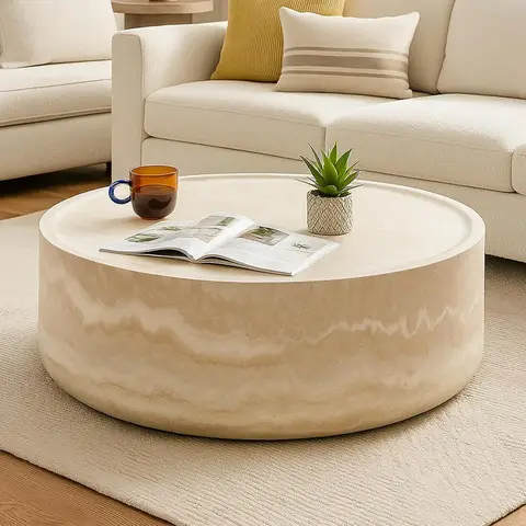 Modern Drum Style Fiberglass Coffee Table, Round Marble-Look Table for Living Spaces and Apartments