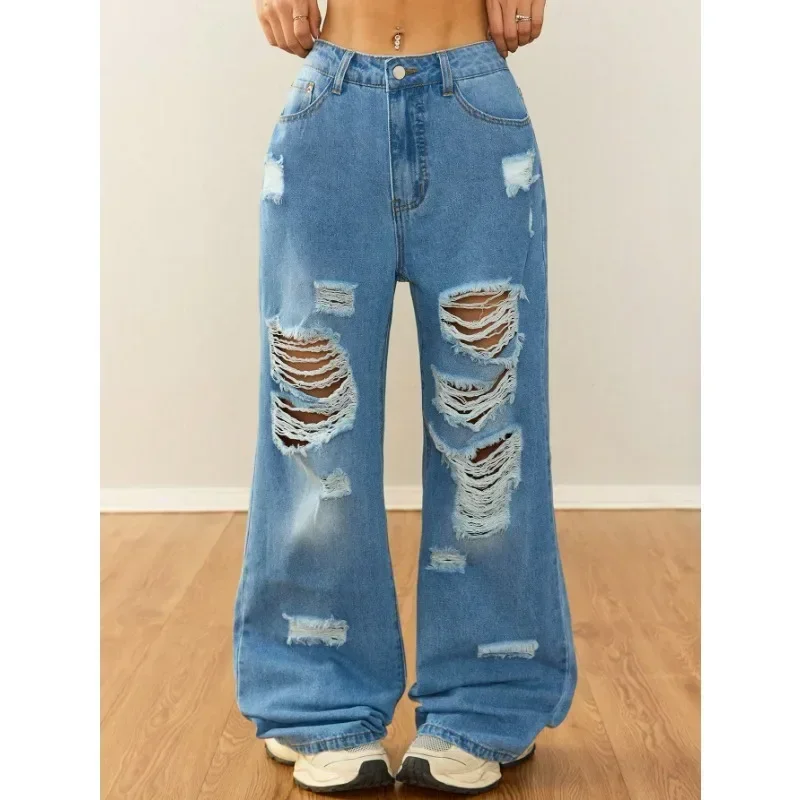 Spring Sky Blue High-Waisted Jeans - Distressed Wide-Leg & Floor-Length Design 
Spring Sky Blue High-Waisted Jeans - Distressed Wide-Leg & Floor-Length Design