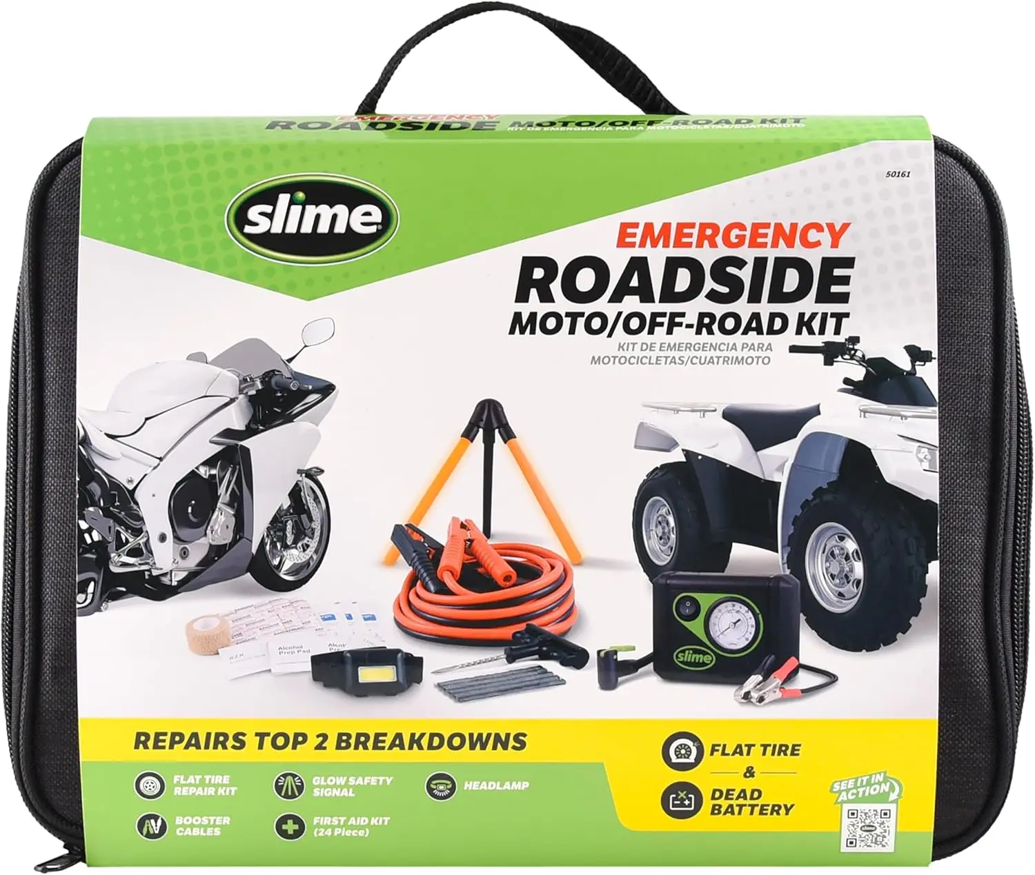 50161 Emergency Roadside Kit with Flat tire Repair and Booster Cables for Moto/Off-Road
50161 Emergency Roadside Kit with Flat tire Repair and Booster Cables for Moto/Off-Road