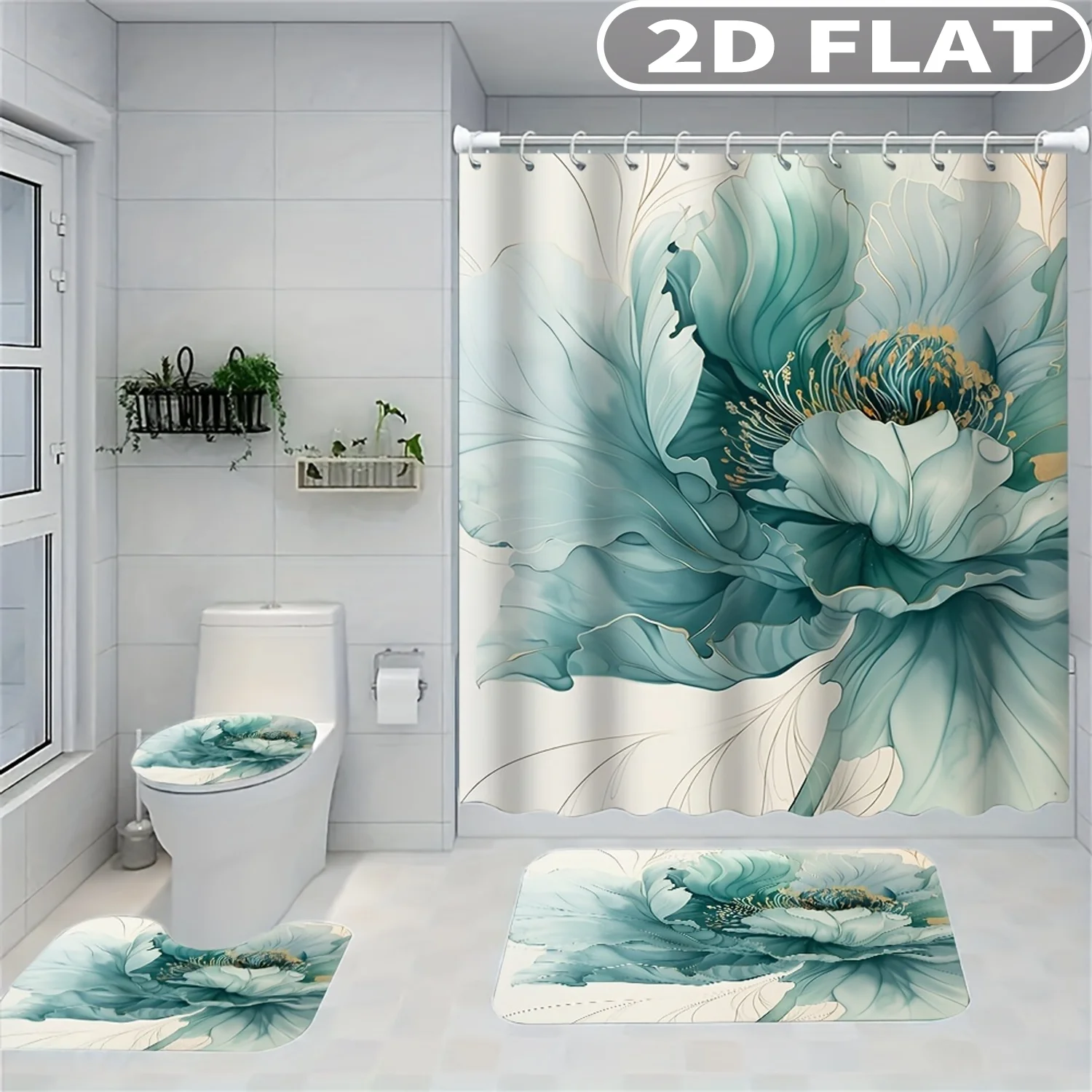 1pc/ 4pcs 2D FLAT Teal Floral Art Design Pattern Shower Curtain Set, Accessories with Bath Mat, U-shaped Mat, Toilet Lid Cover,
1pc/ 4pcs 2D FLAT Teal Floral Art Design Pattern Shower Curtain Set, Accessories with Bath Mat, U-shaped Mat, Toilet Lid Cover,