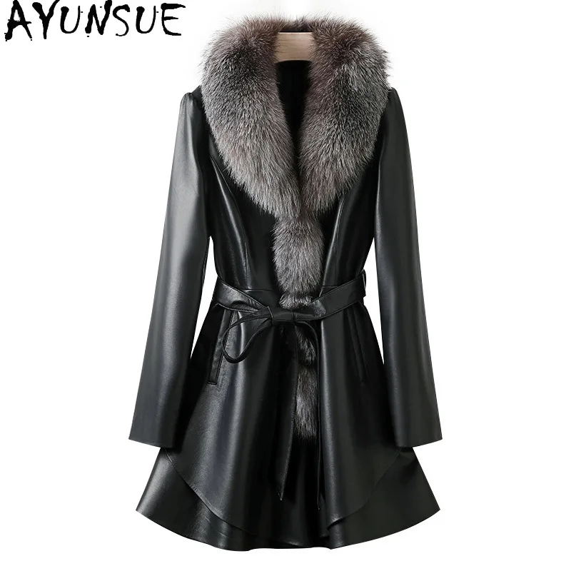 AYUNSUE Женская куртка из натуральной овчины из натуральной овчины 2025 Серебристо-синяя женская куртка с воротником из лисьего меха Осенняя одежда Косуха Женская 
AYUNSUE Женская куртка из натуральной овчины из натуральной овчины 2025 Серебристо-синяя женская куртка с воротником из лисьего меха Осенняя одежда Косуха Женская