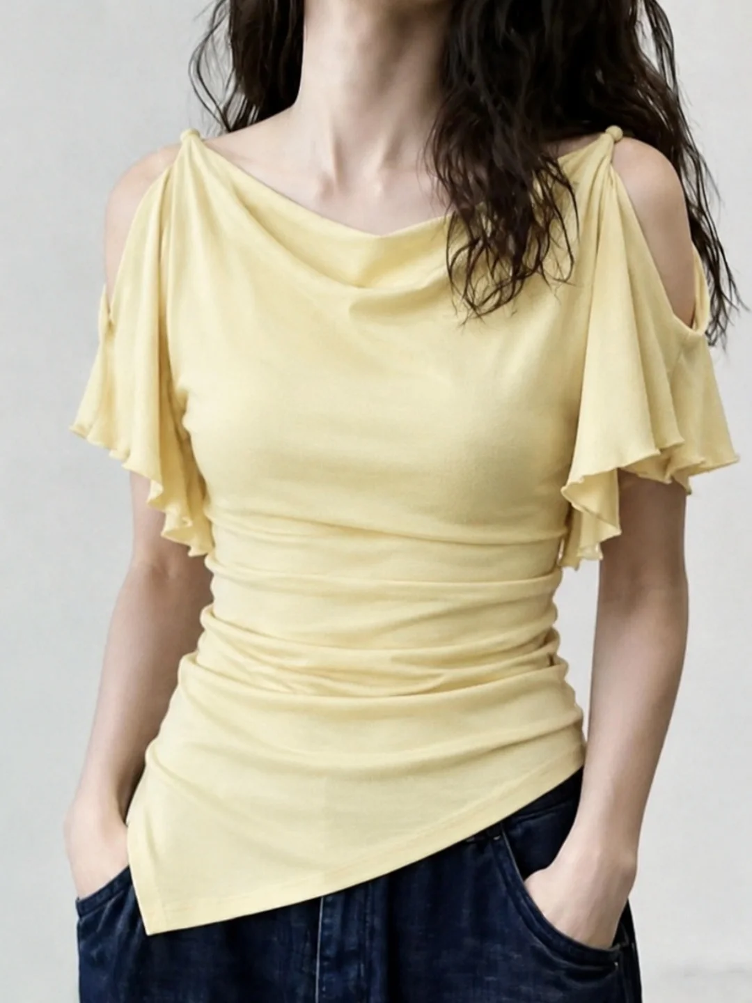 Shoulder Bared Ruffle Sleeve Short Sleeve T Shirt Slim Fit Soft Versatile Summer Fashionable Sexy Top Korean Style Commute
Shoulder Bared Ruffle Sleeve Short Sleeve T Shirt Slim Fit Soft Versatile Summer Fashionable Sexy Top Korean Style Commute