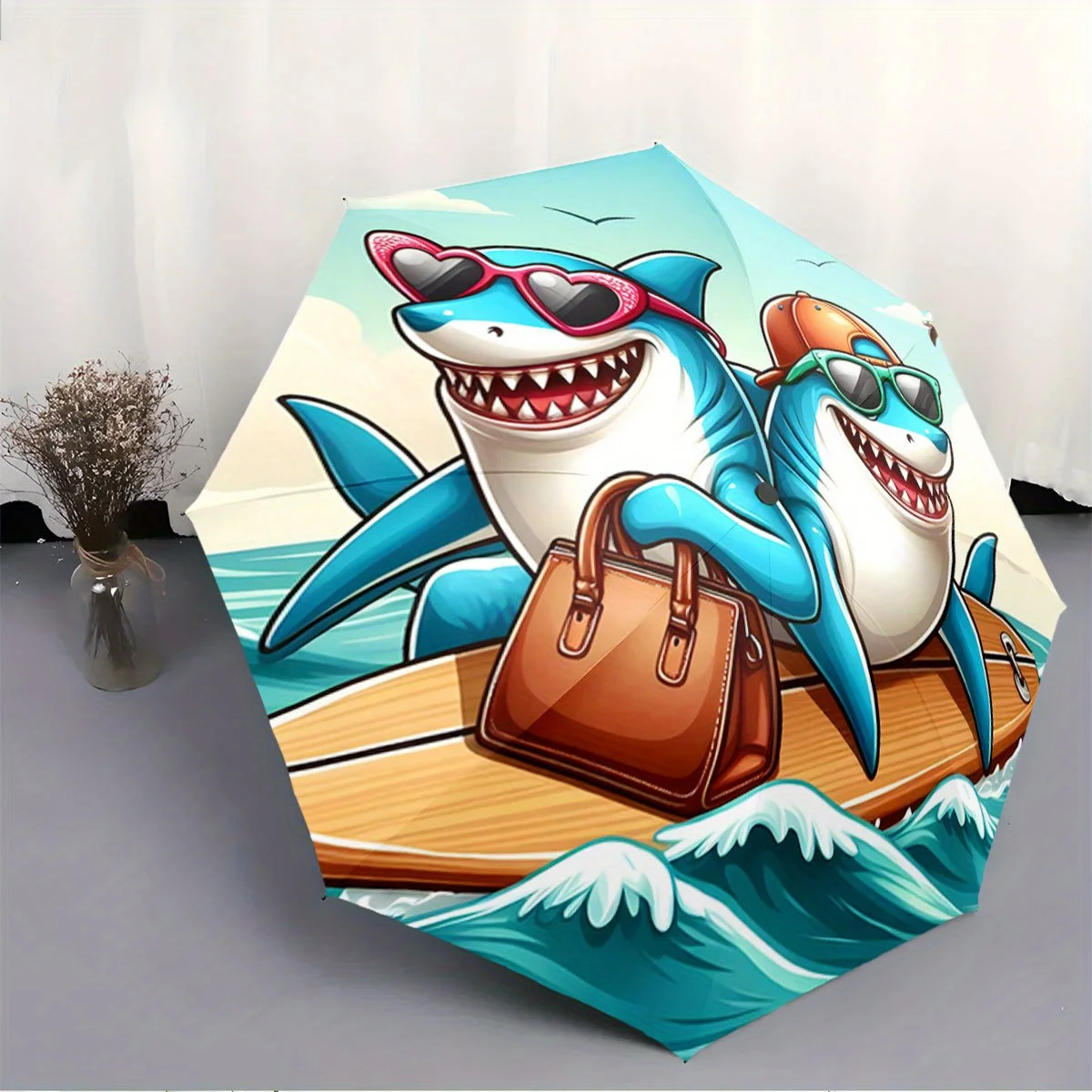 Folding umbrella Sharks surfing on waves, vibrant tropical background Creative portable folding umbrella, suitable for all hol
Folding umbrella Sharks surfing on waves, vibrant tropical background Creative portable folding umbrella, suitable for all hol