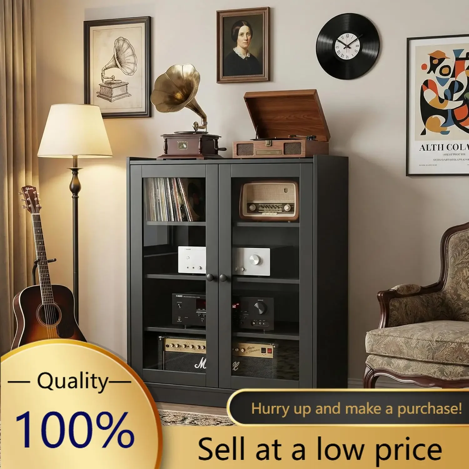 Audio Stereo Cabinet with Glass Doors, 35.4" Tall AV Component Media Stand, Record Player Stand with Adjustable Shelves & Cable
Audio Stereo Cabinet with Glass Doors, 35.4" Tall AV Component Media Stand, Record Player Stand with Adjustable Shelves & Cable