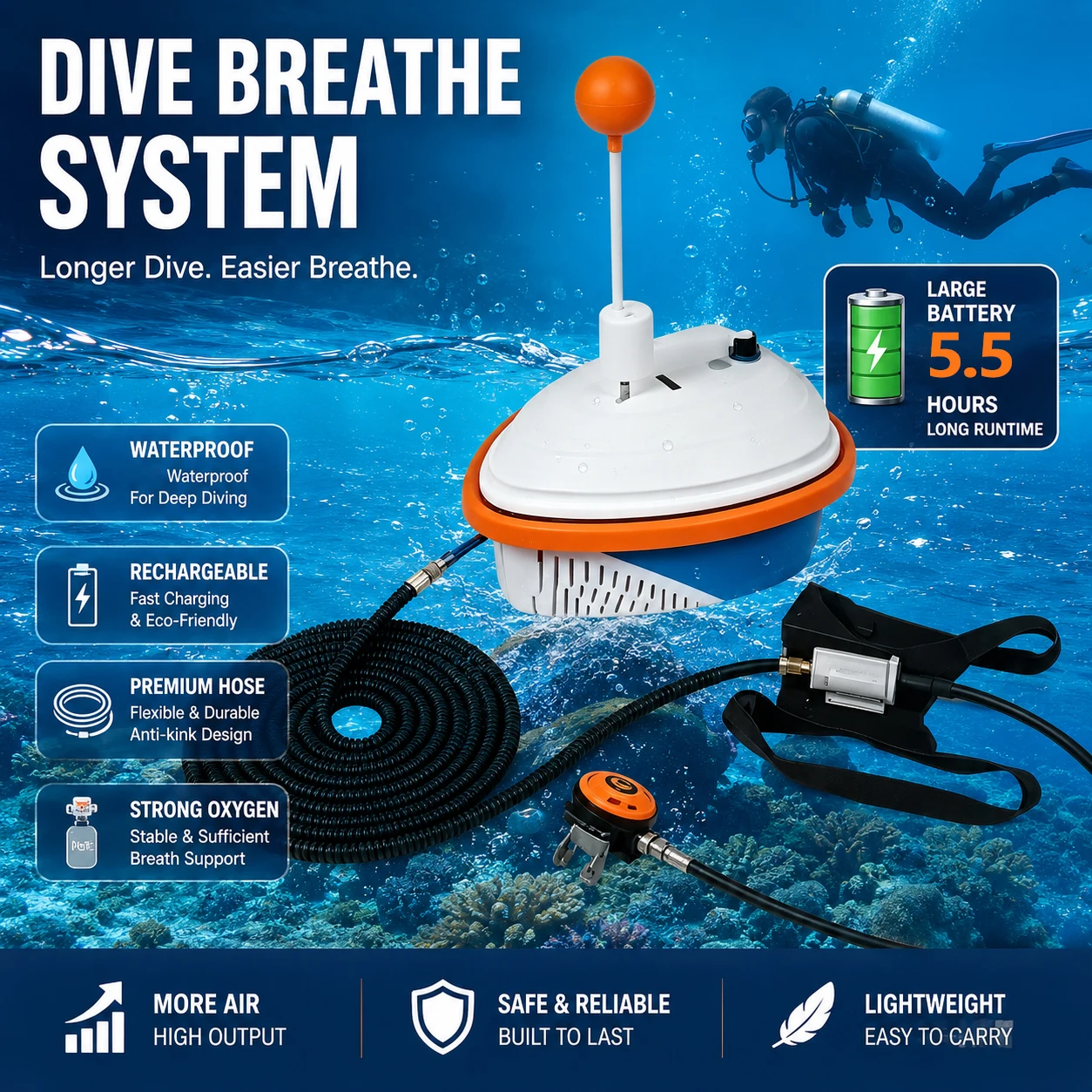 LY Scuba Diving Accessories Snorkel Equipment Diving Mobile Ventilator Waterproof Recharer Snorkel Diving Time 4.5-6H Depth 18m
LY Scuba Diving Accessories Snorkel Equipment Diving Mobile Ventilator Waterproof Recharer Snorkel Diving Time 4.5-6H Depth 18m