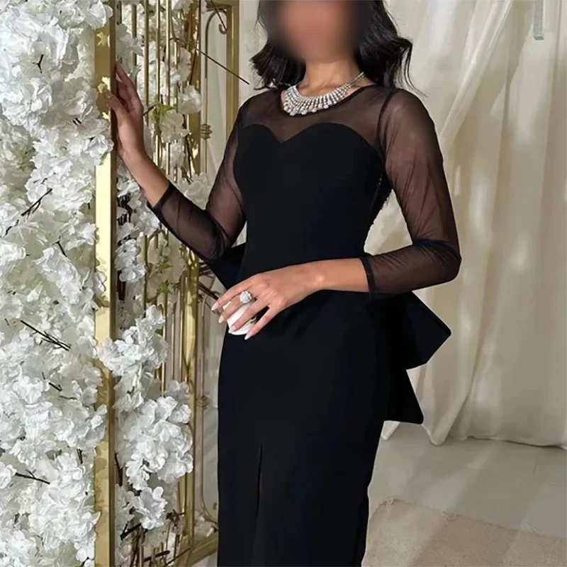Black Tulle Elegant Prom Evening Dresses O Neck Slit Long Sleeves Beads Bow Formal Occasion Party Gowns Customized
Black Tulle Elegant Prom Evening Dresses O Neck Slit Long Sleeves Beads Bow Formal Occasion Party Gowns Customized