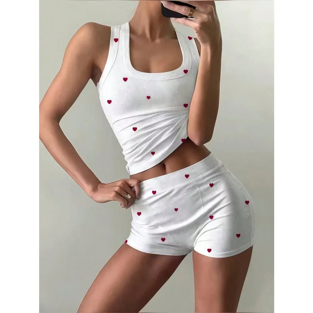 White Ribbed Heart-Print Vest And Shorts Two-Piece Set, Casual Loungewear
White Ribbed Heart-Print Vest And Shorts Two-Piece Set, Casual Loungewear