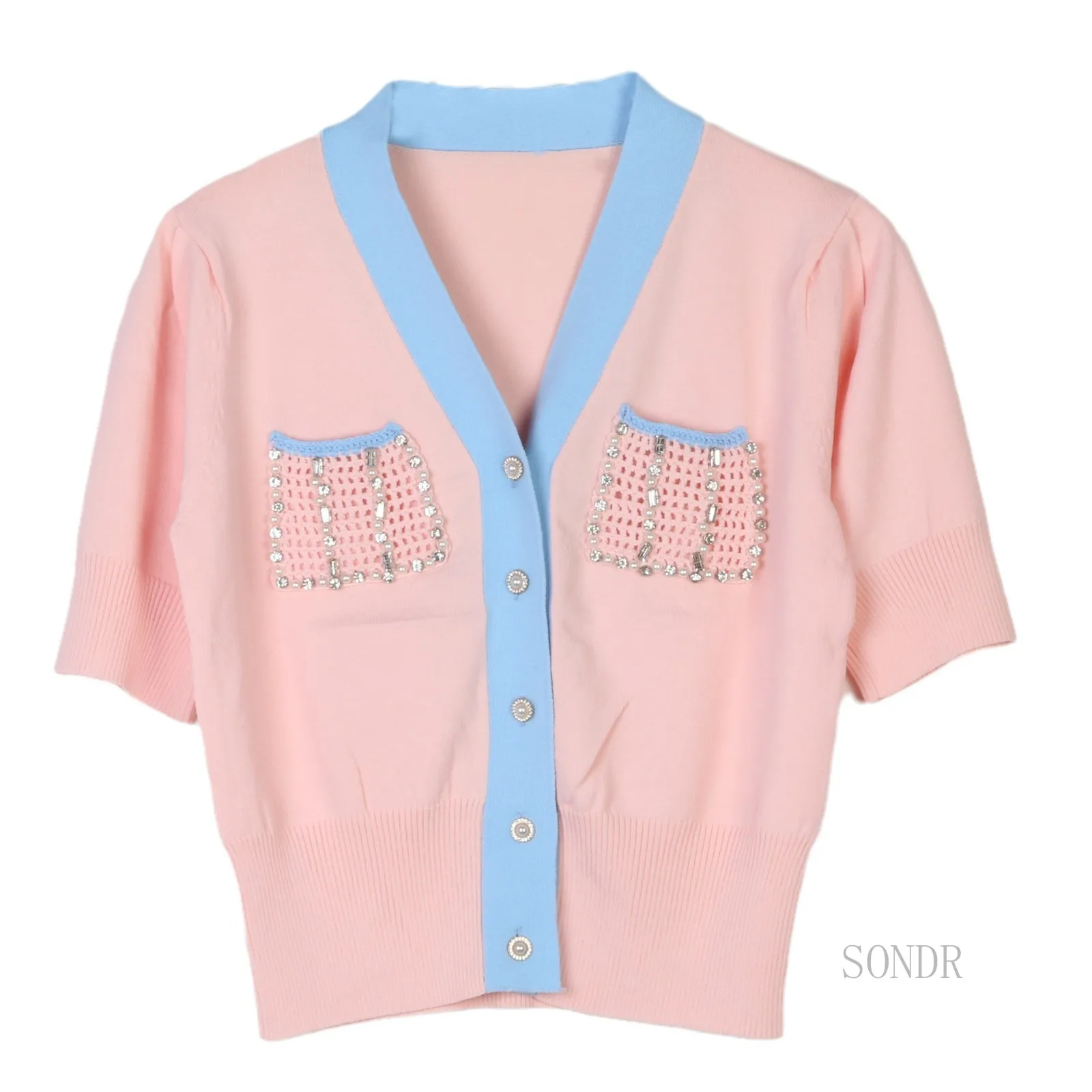 Cardigan Shirt with Diamond Pockets for Women, V-neck Shirt with Contrast Tassels, Short Sleeved Sweater, Summer Tops
Cardigan Shirt with Diamond Pockets for Women, V-neck Shirt with Contrast Tassels, Short Sleeved Sweater, Summer Tops