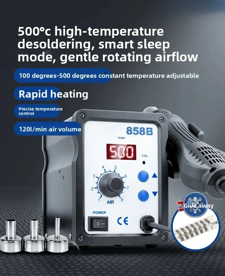 858B Digital Hot Air Rework Station – 700W Adjustable Temp 100-480°C for Phone PCB BGA SMD Soldering & Desoldering
858B Digital Hot Air Rework Station – 700W Adjustable Temp 100-480°C for Phone PCB BGA SMD Soldering & Desoldering