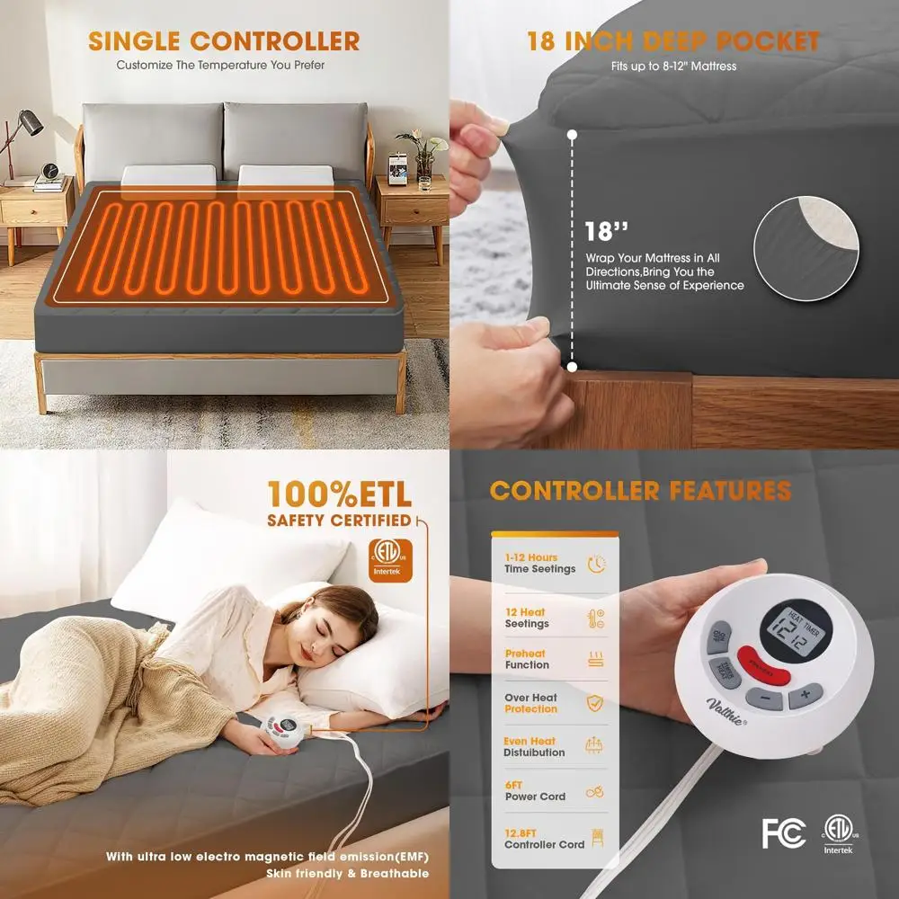 Twin Size Electric Mattress Pad with Preheat, 12 Heat Settings, Auto Shut Off, Machine Washable (39x75, Grey)
Twin Size Electric Mattress Pad with Preheat, 12 Heat Settings, Auto Shut Off, Machine Washable (39x75, Grey)