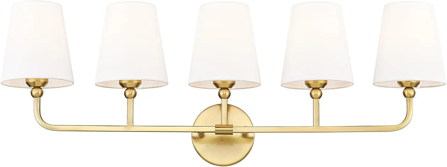 5-Light Brushed Gold Vanity Lights, 35" Wall Sconce with Flared White Fabric Shades for Bathroom Bedroom
5-Light Brushed Gold Vanity Lights, 35" Wall Sconce with Flared White Fabric Shades for Bathroom Bedroom