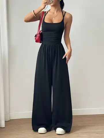 Women's Summer Black Casual Pleated Loose Straight-Leg Jumpsuit, Adjustable Halter Neck Tie