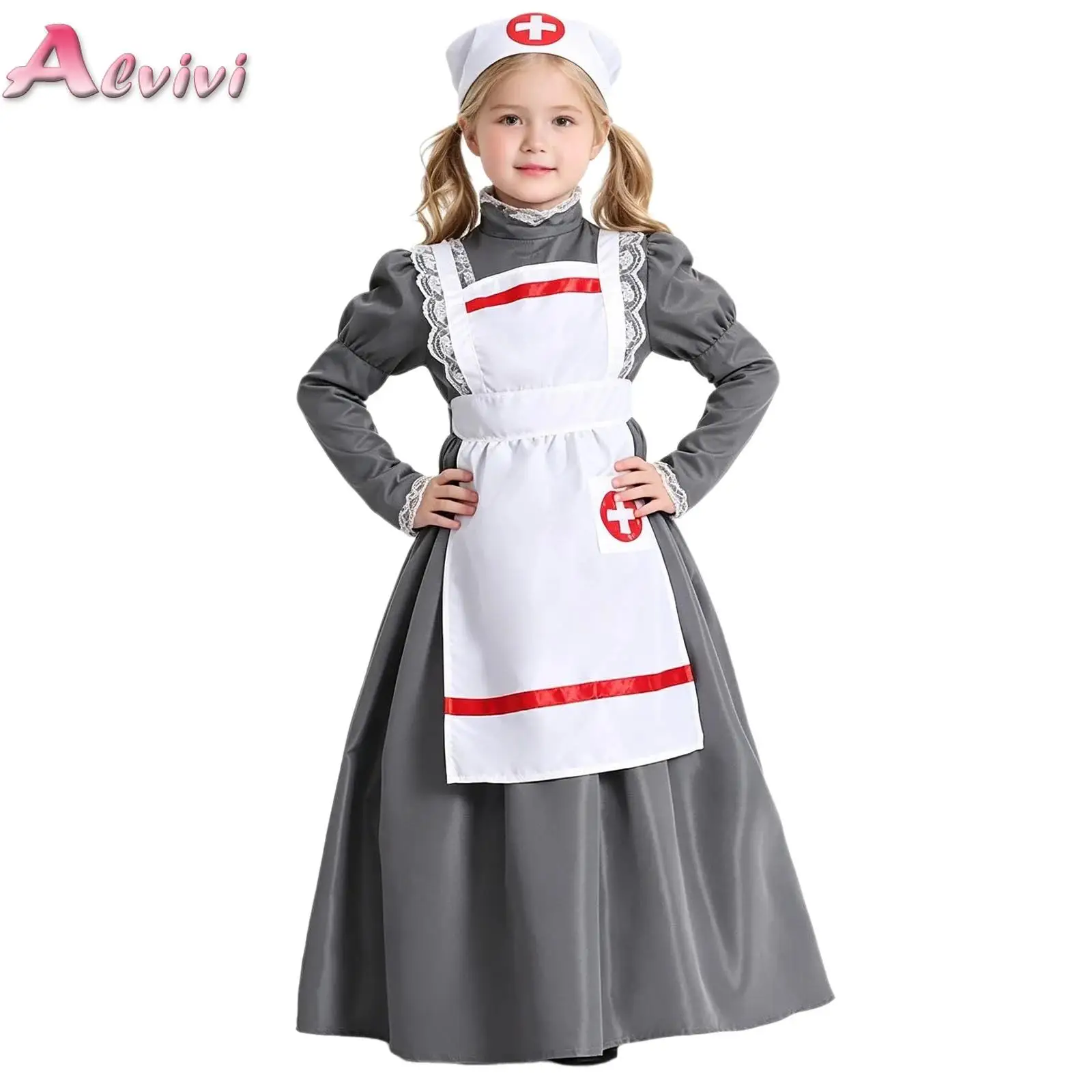 Kid Girls Nurse Maid Cosplay Outfit Puff Sleeve Lace Trim Dress with Apron Headscarf for Halloween Theme Party Stage Performance
Kid Girls Nurse Maid Cosplay Outfit Puff Sleeve Lace Trim Dress with Apron Headscarf for Halloween Theme Party Stage Performance