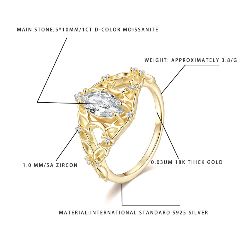 Women's S925 Silver Ring 5*10MM 1CT D-Color Moissanite (Marquise Cut) 18K Gold Plated with 1.0MM Zircon Elegant Jewelry
Women's S925 Silver Ring 5*10MM 1CT D-Color Moissanite (Marquise Cut) 18K Gold Plated with 1.0MM Zircon Elegant Jewelry