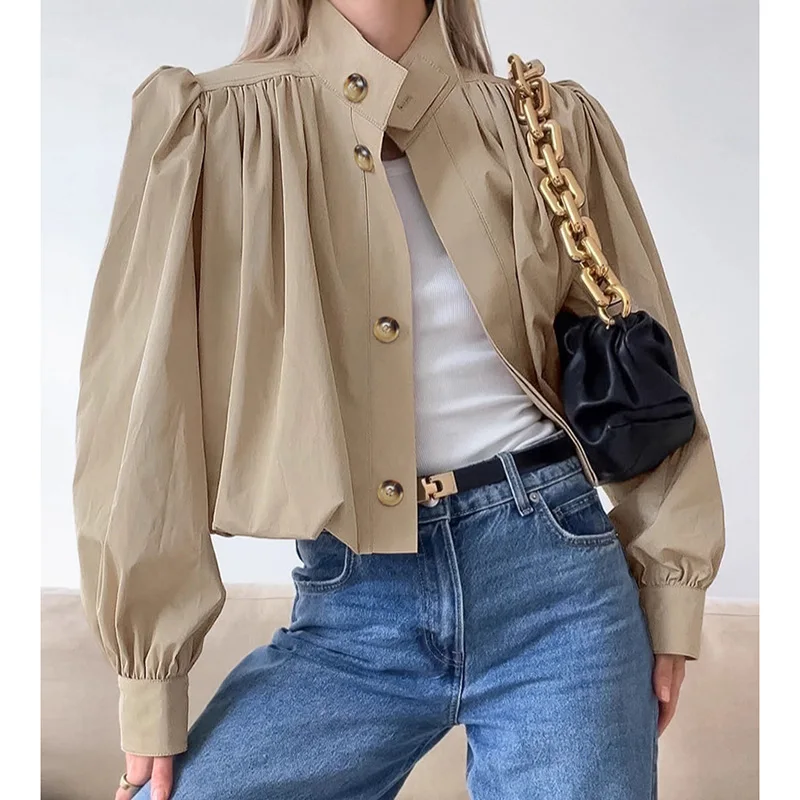 Casual Short Jackets Women Loose Chic Pleated Lantern Sleeve Stand Collar Single Breasted Coats Female 2026 Autumn Solid Outwear
Casual Short Jackets Women Loose Chic Pleated Lantern Sleeve Stand Collar Single Breasted Coats Female 2026 Autumn Solid Outwear