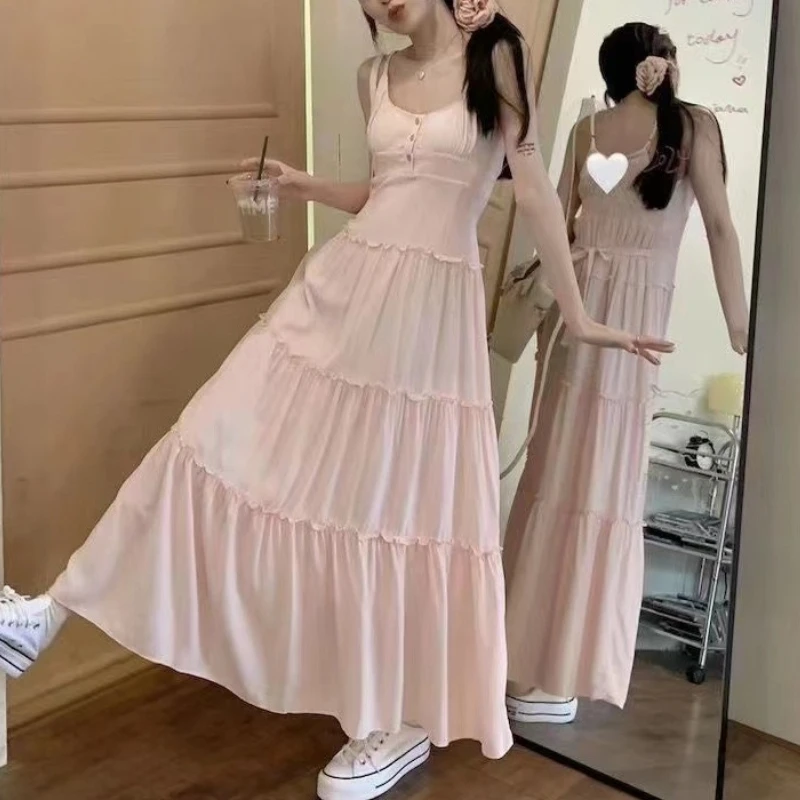 Korean Pink Elegant Sweet New Maxi Dress Women'S Slim Solid A Line Sleeveless Croped Buttons Straps Tank Long Dress Summer Y2K
Korean Pink Elegant Sweet New Maxi Dress Women'S Slim Solid A Line Sleeveless Croped Buttons Straps Tank Long Dress Summer Y2K